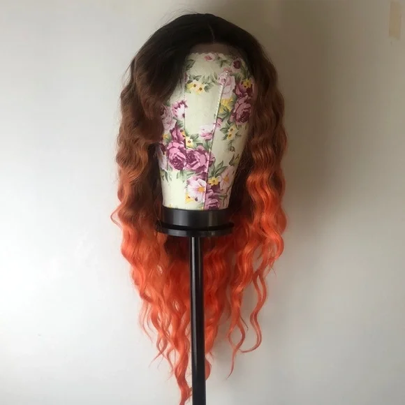 30” ORANGE BROWN OMBRÉ CELEB WAVY LACE-FRONT WIG